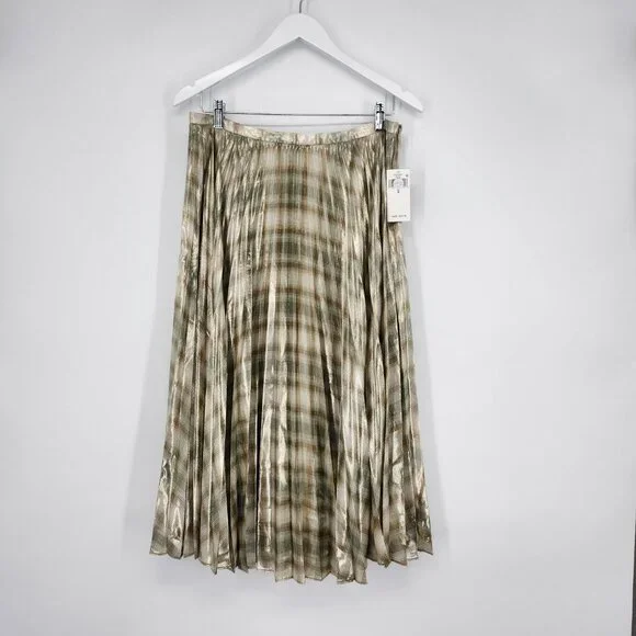 LAUREN Ralph Lauren Women's Plaid Pleated Metallic Georgette Skirt Cream Size 8 - Picture 3 of 6
